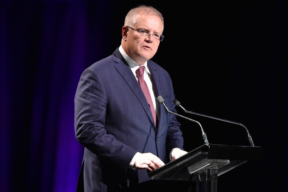 Australian Prime Minister Scott Morrison speaks in Sydney, Sunday, Feb. 23, 2020, at a state memorial service for the victims of recent wildfires. (Peter Parks/Pool Photo via AP)