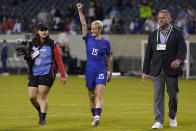 United States forward Megan Rapinoe finally leaves the field after a soccer game against South Africa and a special ceremony, Sunday, Sept. 24, 2023, in Chicago. (AP Photo/Erin Hooley)