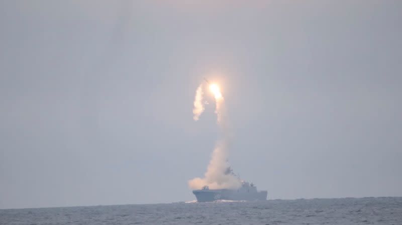 Tsirkon (Zircon) hypersonic cruise missile is launched from the Russian guided missile frigate Admiral Gorshkov during a test in the White Sea