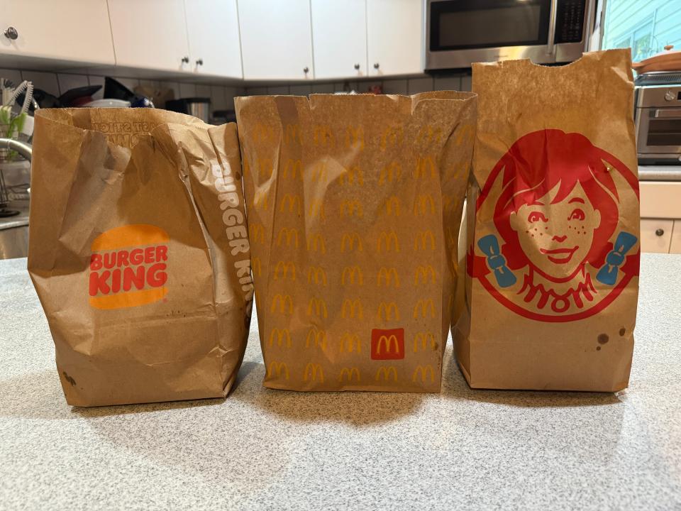 from left to right: the burger king meal, the mcdonald's meal, and the Wendy's meal