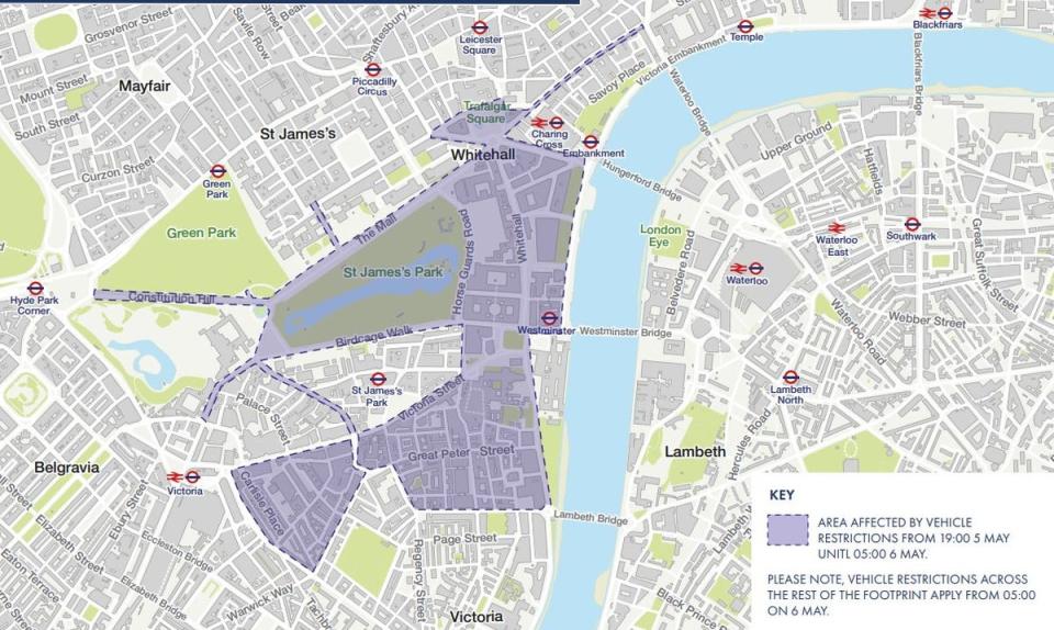 May 5 road closures from 7pm (Ordnance Survey/Westminster City Council/DCMS)