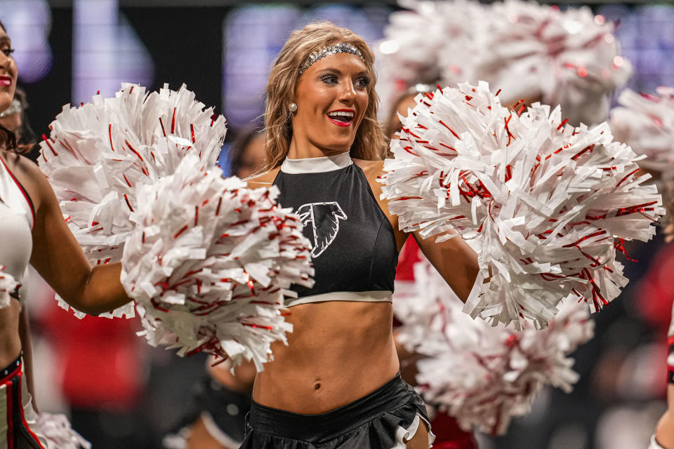 Oct 15, 2023; Atlanta, Georgia, USA; Atlanta Falcons cheerleaders in action during the game against the Washington Commanders at Mercedes-Benz Stadium. Mandatory Credit: Dale Zanine-USA TODAY Sports