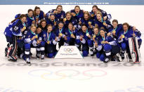 <p>Gold medal winners the United States celebrate after defeating Canada in a shootout in the Women’s Gold Medal Game on day thirteen of the PyeongChang 2018 Winter Olympic Games at Gangneung Hockey Centre on February 22, 2018 in Gangneung, South Korea. (Photo by Jamie Squire/Getty Images) </p>