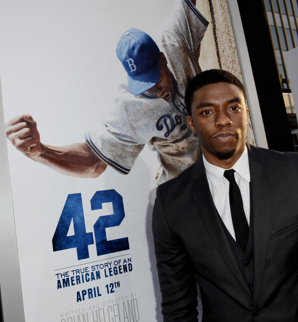 Actor Chadwick Boseman arrives at the premiere of Warner Bros. Pictures' and Legendary Pictures' "42" at the Chinese Theatre on April 9, 2013, in Los Angeles, California. (Photo by Kevin Winter/Getty Images)