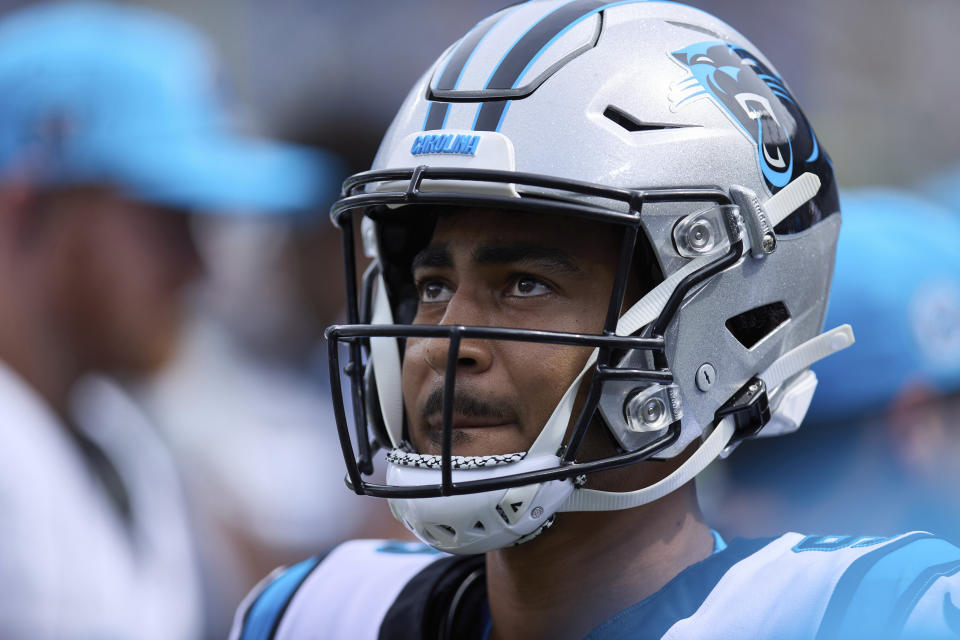 Carolina Panthers quarterback Bryce Young (9) looks at the video board on the sideline during an NFL football game against the Los Angeles Chargers, Sunday, Sept. 15, 2024, in Charlotte, N.C. The Chargers defeated the Panthers 26-3. (AP Photo/Brian Westerholt)