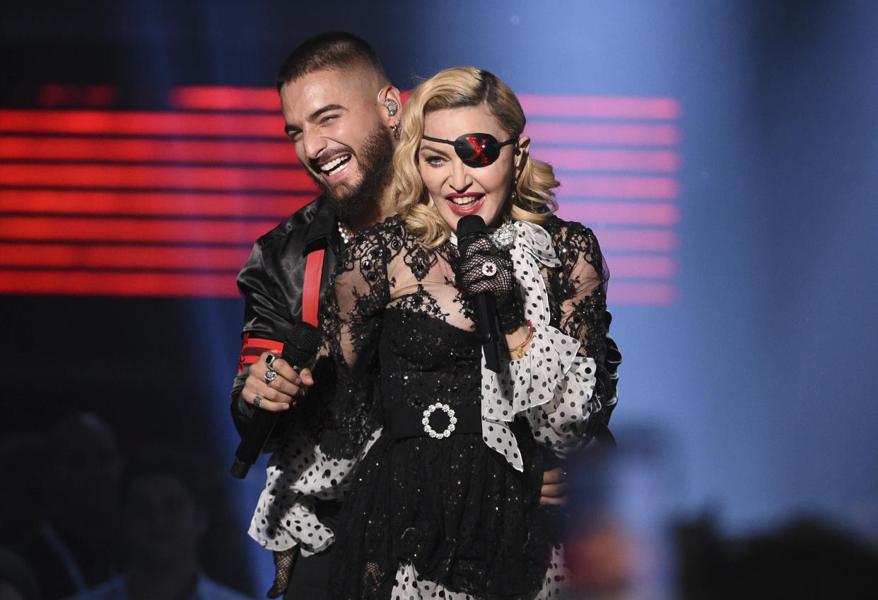 Maluma, left, and Madonna perform "Medellin" at the Billboard Music Awards on Wednesday, May 1, 2019, at the MGM Grand Garden Arena in Las Vegas. (Photo by Chris Pizzello/Invision/AP)