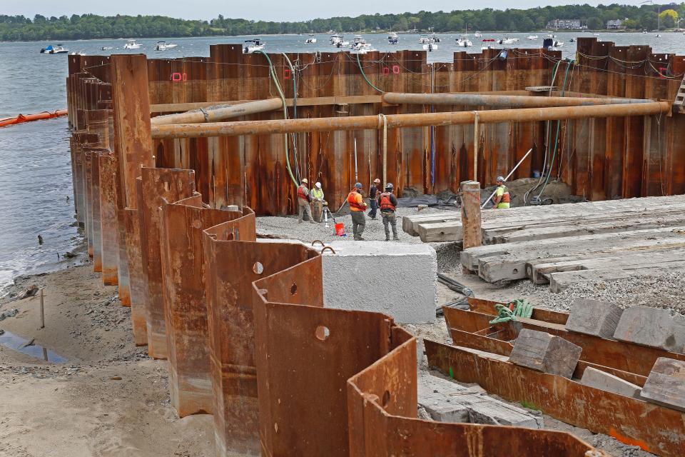Construction at the Hingham Harbor public boat ramp, which is behind schedule by about a month, on Tuesday, May 31, 2022.