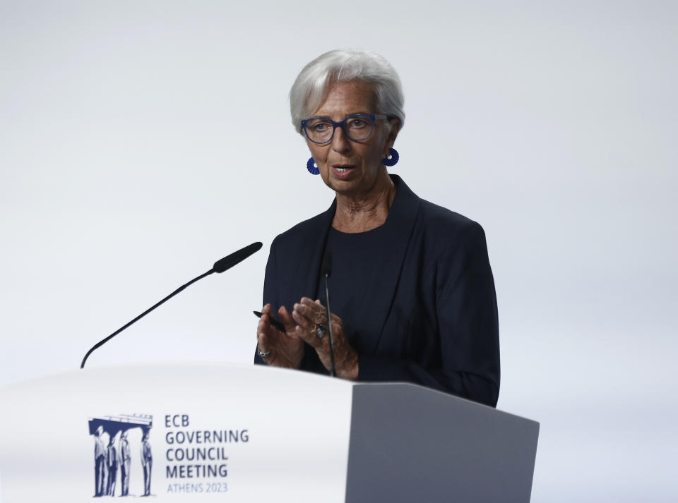 ECB President Christine Lagarde, right, speaks during a press conference at the Bank of Greece, in Athens, Thursday, Oct. 26, 2023. The European Central Bank left interest rates unchanged Thursday for the first time in over a year as the Israel-Hamas war spreads even more gloom over already downbeat prospects for Europe's economy. (AP Photo)