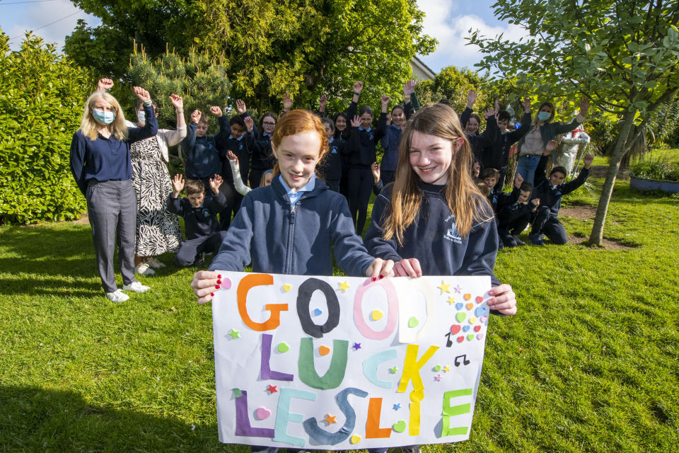 Staff and pupils cheer for Lesley Roy ahead of her Eurovision semi-final (Fintan Clarke/PA)