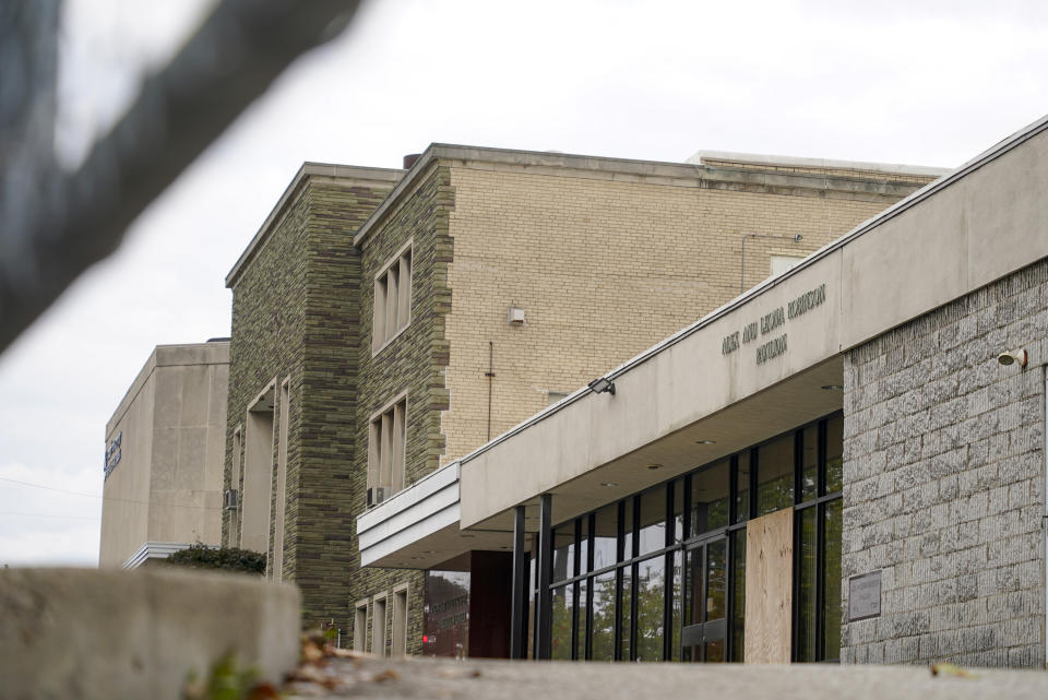 This photo from Oct. 16, 2021, shows an entrance to the the dormant landmark Tree of Life synagogue in Pittsburgh's Squirrel Hill neighborhood where 11 people were killed in America's deadliest antisemitic attack on Oct. 27, 2018. Renowned architect Daniel Libeskind is among those working to transform the site to share space with the Holocaust Center of Pittsburgh with the goal to create a solemn memorial as well as a place of regular activity is underway as the date marking the third year since the shootings approaches. (AP Photo/Keith Srakocic)