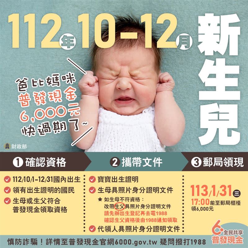 如果寶貝是去（112）年10-12月國內出生、領有出生證明的國民，且生母或生父也符合普發現金領取資格，趕快去領全民共享普發現金6,000元！（圖／翻攝自中華民國財政部粉專）