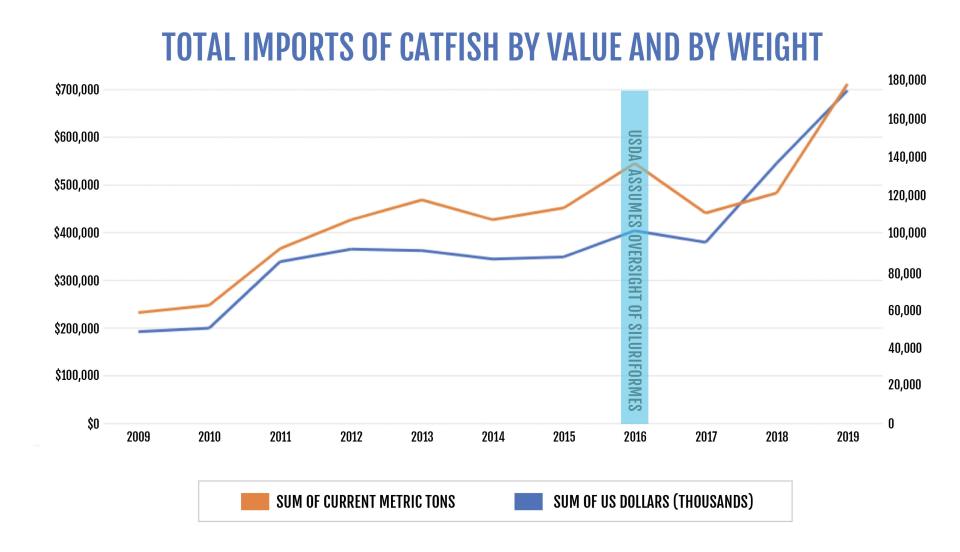 Total imports of catfish by value and by weight