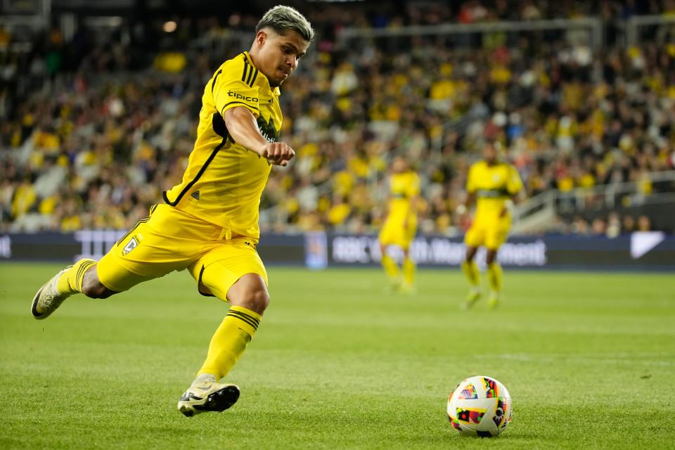 May 11, 2024; Columbus, OH, USA; Columbus Crew forward Cucho Hernandez (9) races upfield during the second half of the MLS soccer game against FC Cincinnati at Lower.com Field. The Crew lost 2-1.
