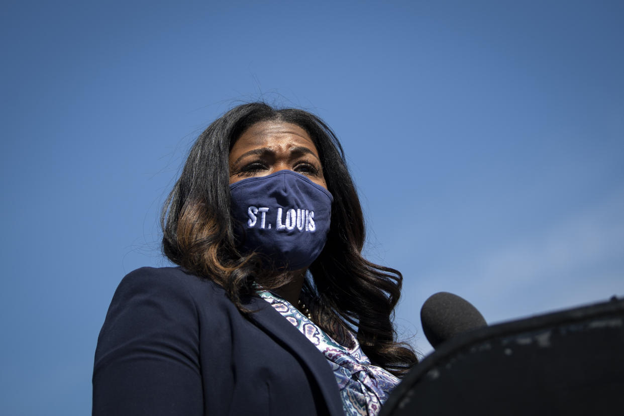 Rep. Cori Bush (D-Mo.) speaks during a news conference on rent and mortgage cancellation in Washington on March 11. (Photo: Caroline Brehman via Getty Images)