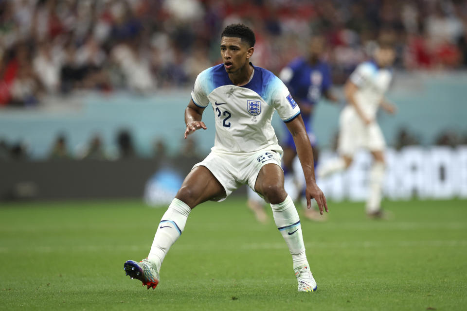 AL KHOR, QATAR - NOVEMBER 25: Jude Bellingham of England looks on during the FIFA World Cup Qatar 2022 Group B match between England and USA at Al Bayt Stadium on November 25, 2022 in Al Khor, Qatar. (Photo by Eddie Keogh - The FA/The FA via Getty Images)