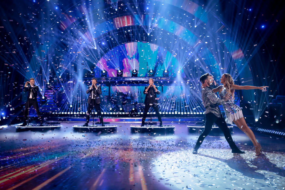 Westlife performed their new single &#39;Starlight&#39; in the &#39;Strictly&#39; ballroom. (BBC)