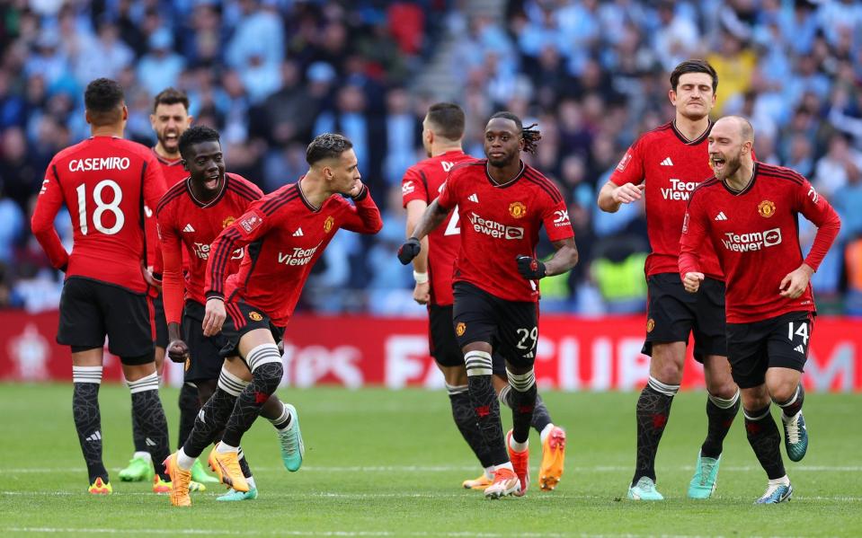 Antony celebrates after Manchester United reached the FA Cup final on penalties against Coventry