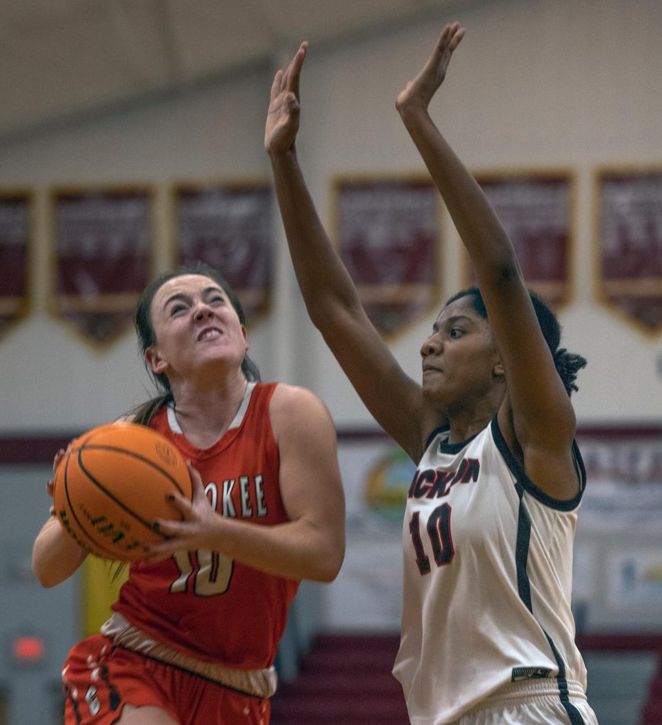 Cherokee senior Katie Fricker drives to the basket against Jackson senior Amber Williams.