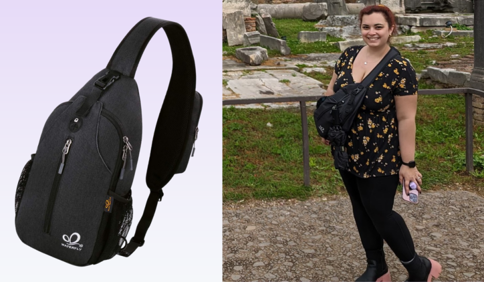 Black crossbody bag / The author wearing the Waterfly as a shoulder sling bag