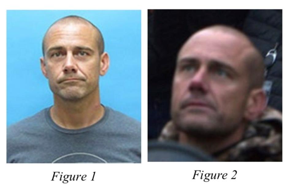 Daniel Ball of Homosassa, Florida, charged in the Jan. 6 U.S. Capitol attack. The photo at left is from the Florida Department of Corrections, the second was captured Jan. 6 at the Capitol.