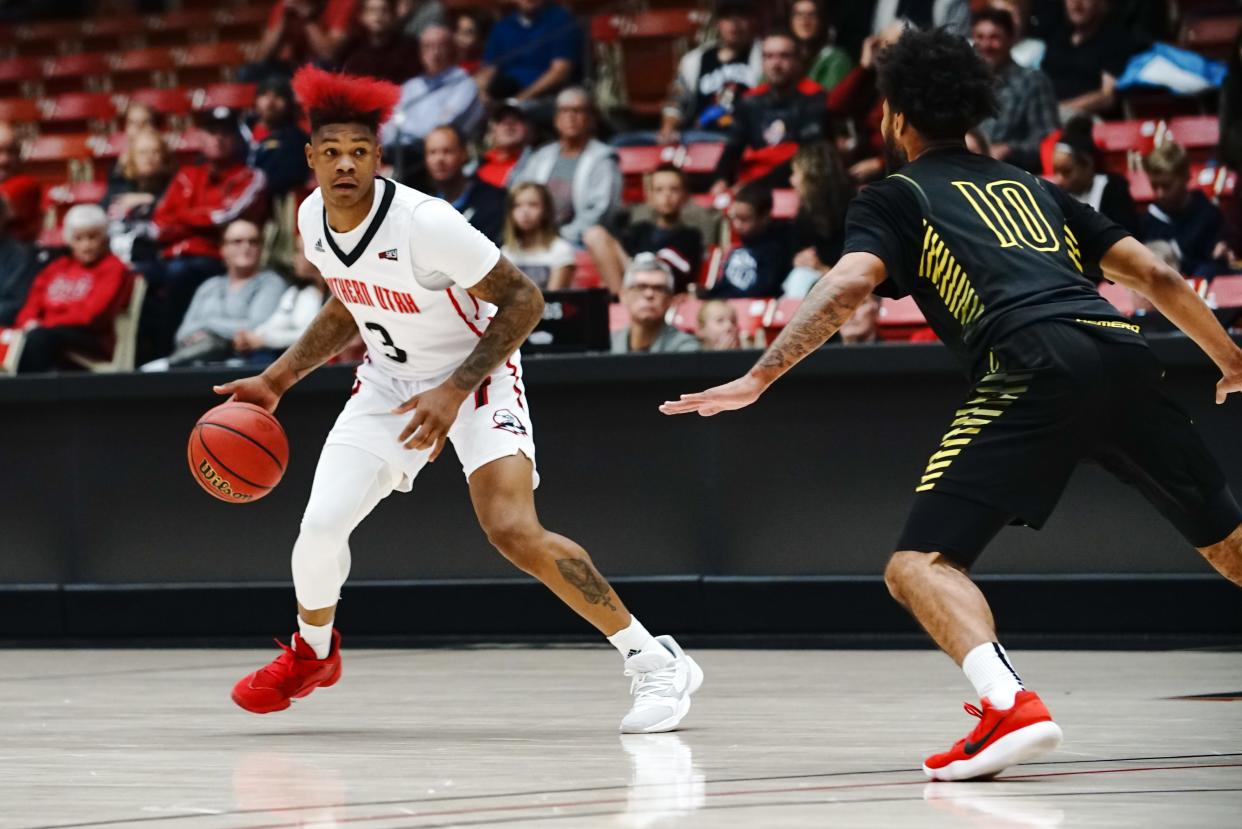 SUU's John Knight II looks to make a move. Knight III and the Thunderbirds have high hopes for the 2021-22 season, picked by coaches to win the Big Sky conference.