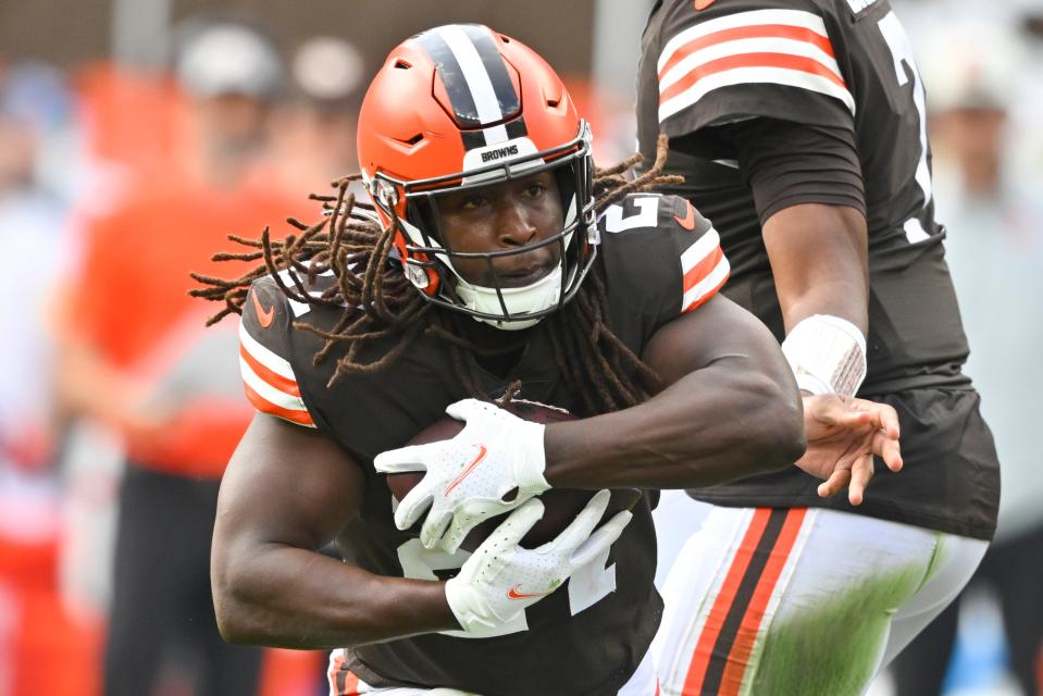 Browns running back Nick Chubb runs against the New York Jets during the second half, Sunday, Sept. 18, 2022, in Cleveland.