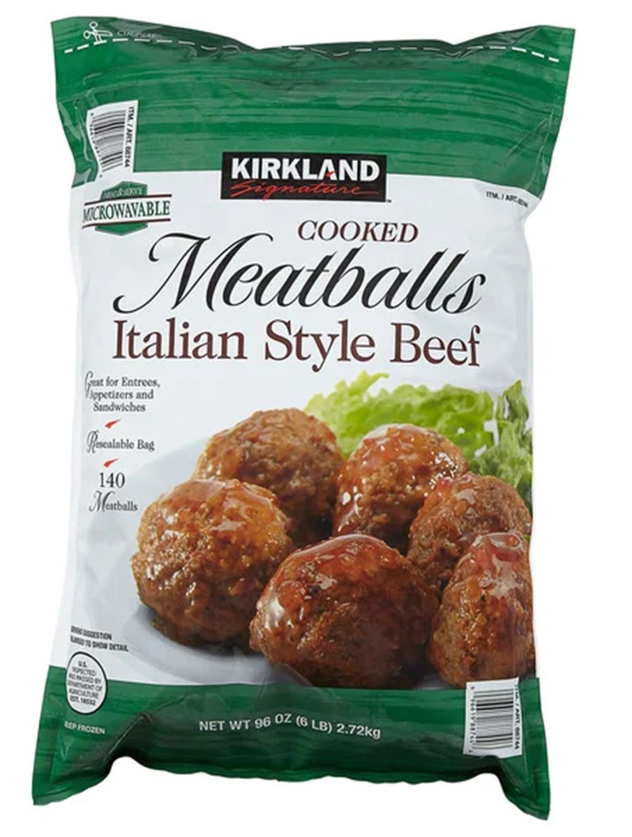 A package of Costco frozen meatballs against a white background