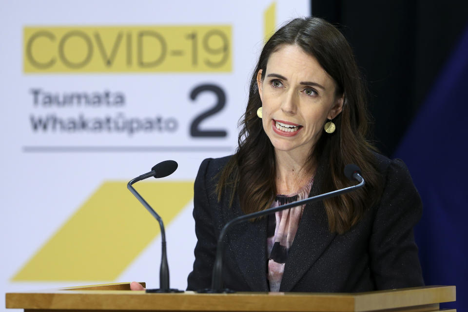 New Zealand Prime Minister Jacinda Ardern addresses a press conference after the 2020 budget at Parliament in Wellington, New Zealand, Thursday, May 14, 2020. New Zealand's government plans to borrow and spend vast amounts of money as it tries to keep unemployment below 10% in the wake of the coronavirus pandemic. (Hagen Hopkins/Pool Photo via AP)