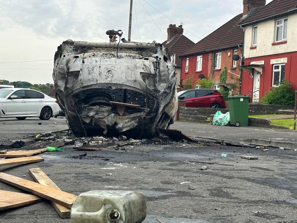 The scene in Ely, Cardiff, following the riot that broke out after two teenagers died in a crash. Tensions reached breaking point after officers were called to the collision, in Snowden Road, Ely, at about 6pm on Monday. Officers faced what they called 