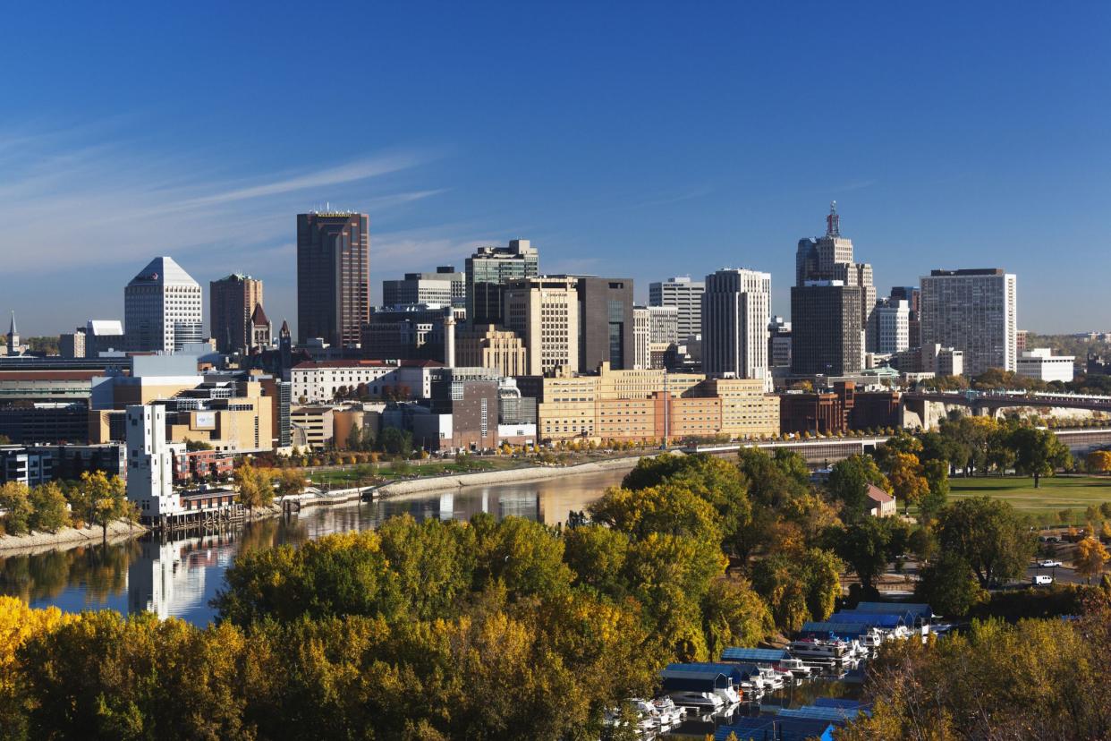 Minneapolis, St. Paul, elevated skyline from Mississippi River