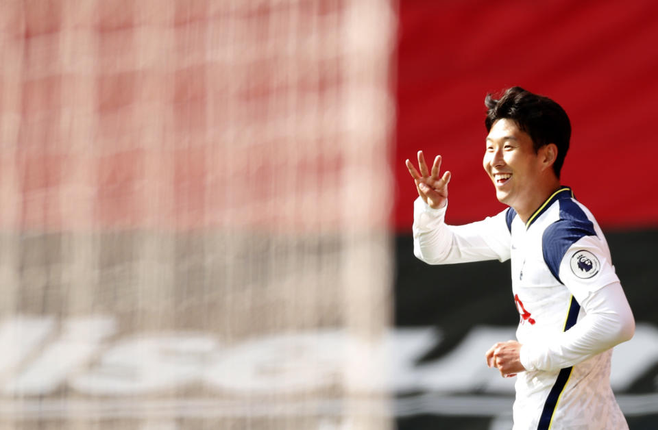 Tottenham's Son Heung-min celebrates after scoring his side's fourth goal during the English Premier League soccer match between Southampton and Tottenham Hotspur at St. Mary's Stadium in Southampton, England, Sunday, Sept. 20, 2020. (Andrew Boyers/Pool via AP)