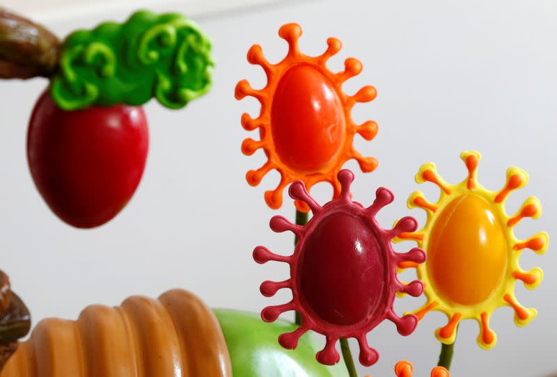 View of Easter eggs adorned with the spikes of the coronavirus disease in La Hulpe