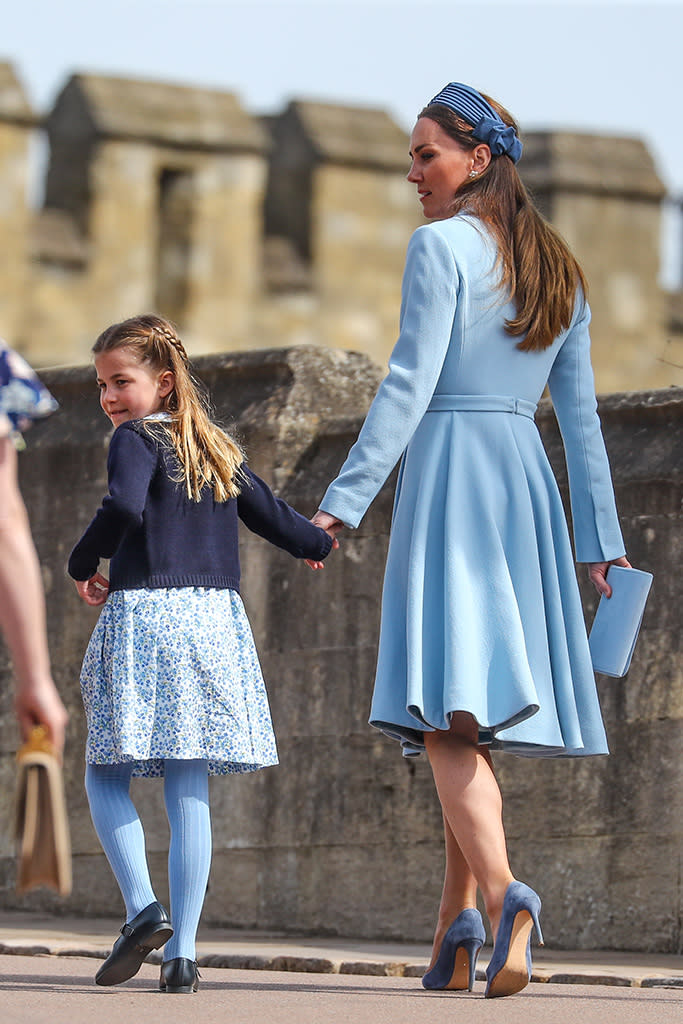 Kate Middleton matched daughter Princess Charlotte for Easter Sunday at Windsor Castle - Credit: John Rainford / SplashNews.com