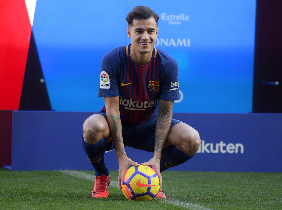 New Barcelona signing Philippe Coutinho is unveiled at Camp Nou on January 8, 2018 in Barcelona, Spain. The Brazilian player signed from Liverpool, has agreed a deal with the Catalan club until 2023 season.