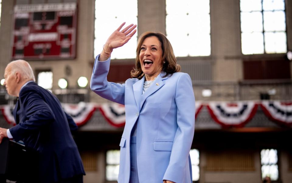 Kamala Harris on stage at the conclusion of a campaign rally at Girard College