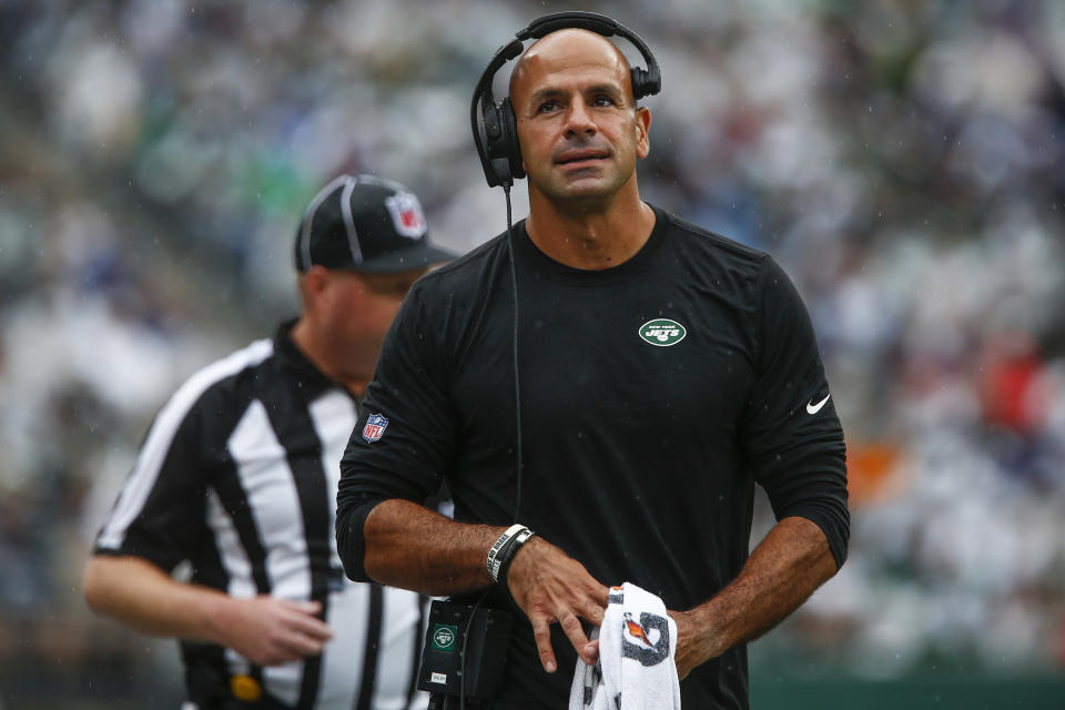 New York Jets head coach Robert Saleh reacts during the first half of an NFL football game against the Baltimore Ravens, Sunday, Sept. 11, 2022, in East Rutherford, N.J. (AP Photo/John Munson)