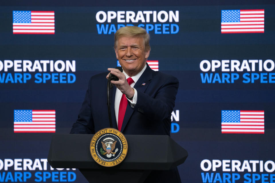 President Donald Trump speaks during an "Operation Warp Speed Vaccine Summit" on the White House complex, Tuesday, Dec. 8, 2020, in Washington. (AP Photo/Evan Vucci)