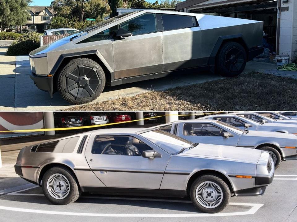 Tesla's Cybertruck (top) and the DeLorean DMC-12 (bottom)