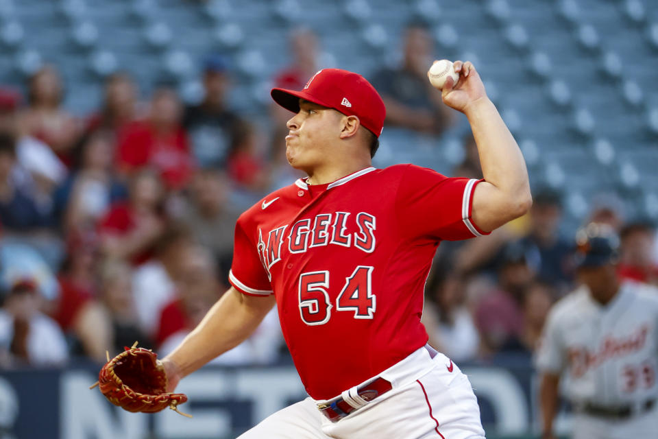 Los Angeles Angels' Jose Suarez starting pitcher throws to a Detroit Tigers batter during the first inning of a baseball game in Anaheim, Calif., Monday, Sept. 5, 2022. (AP Photo/Ringo H.W. Chiu)