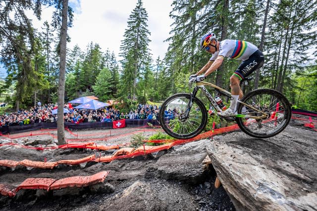 British mountain bike racer Tom Pidcock tackles a court in Switzerland