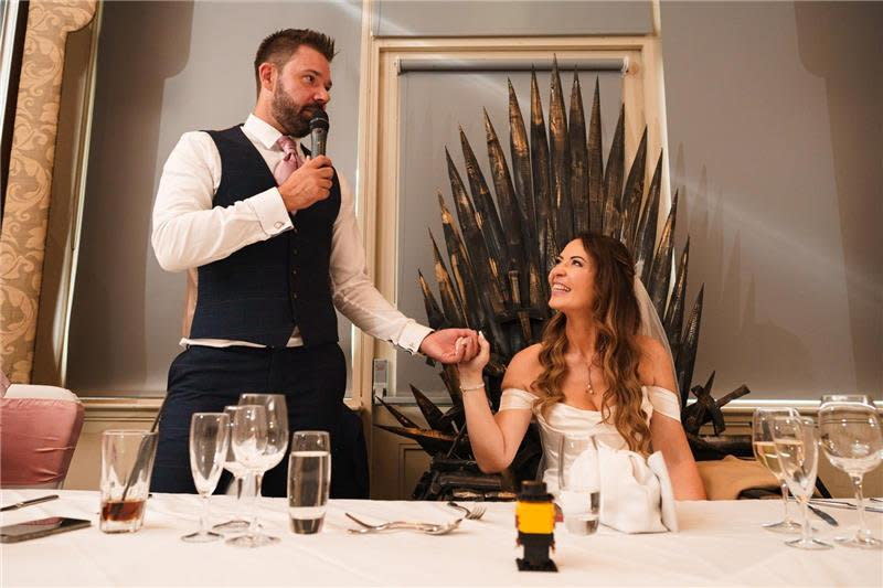 Sarah Bamber, 45, and husband Chris celebrate their wedding day after she was diagnosed with incurable breast cancer. (Neil Redfern Photography/SWNS)