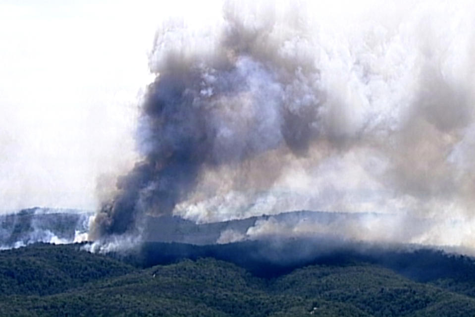 In this image made from video, huge plumes of smoke billow from wildfires in forest in Wollemi, New South Wales state, Australia, Wednesday, Nov. 13, 2019. More than 50 homes were damaged or destroyed and 13 firefighters were injured overnight by catastrophic wildfires across Australia's most populous state before the emergency subsided on Wednesday, officials said. (Australian Broadcasting Corporation via AP)
