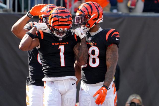 Cincinnati Bengals wide receiver Ja'Marr Chase (1) celebrates