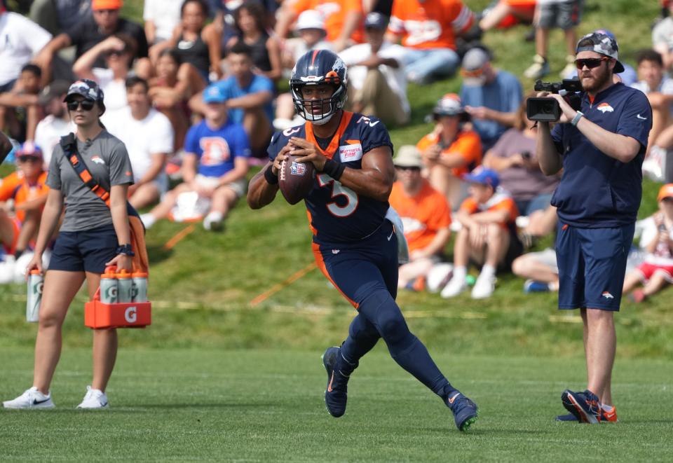 July 29: Denver Broncos quarterback Russell Wilson during training camp at the UCHealth Training Center.