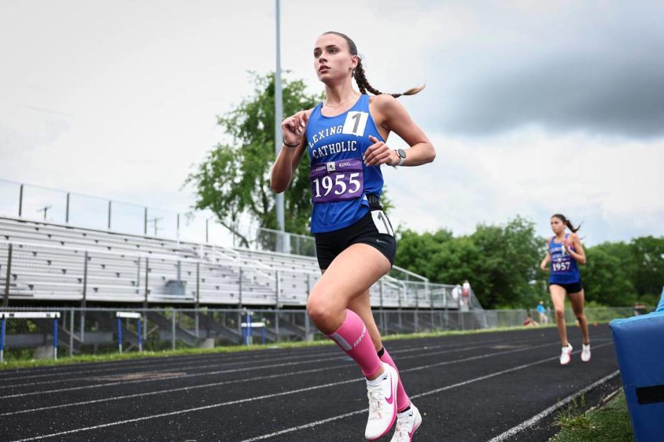 Lexington Catholic’s Cate Conklin competes in the 3,200-meter race during the Class 2A Region 6 track and field meet at Henry Clay High School on Saturday.