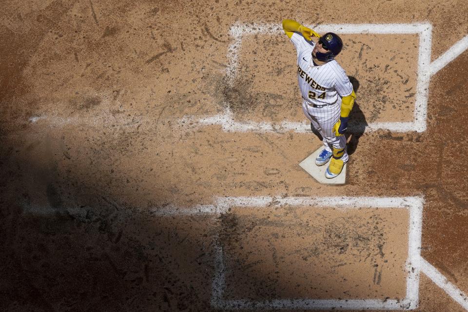 Milwaukee Brewers' William Contreras reacts as he crosses home after hitting a two-run home run during the second inning of a baseball game against the San Francisco Giants Sunday, May 28, 2023, in Milwaukee. (AP Photo/Morry Gash)