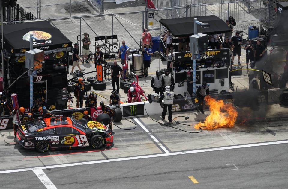 Things got hot in the pits Sunday, just ahead of Martin Truex's Toyota.