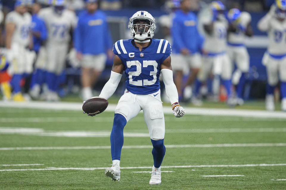 Indianapolis Colts cornerback Kenny Moore II celebrates an interception during the second half of an NFL football game against the Los Angeles Rams, Sunday, Oct. 1, 2023, in Indianapolis. (AP Photo/Darron Cummings)