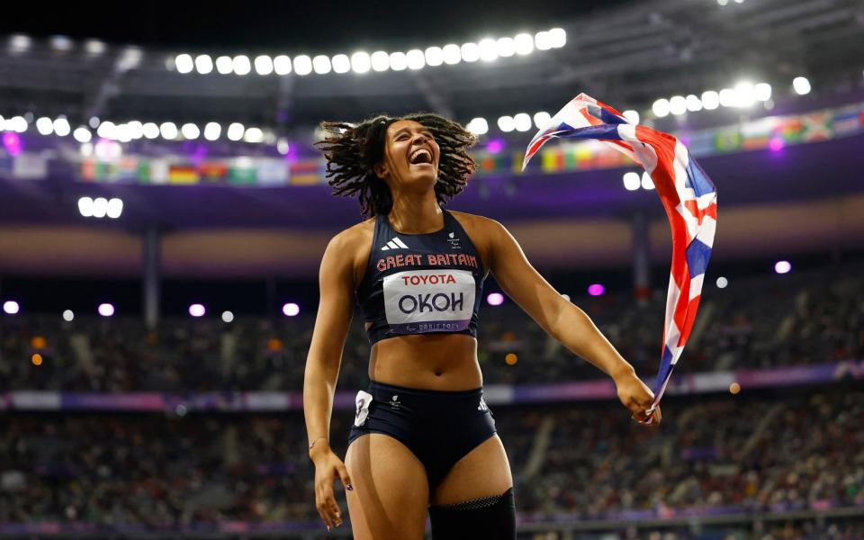 Ndidikama Okoh of Britain celebrates after winning bronze