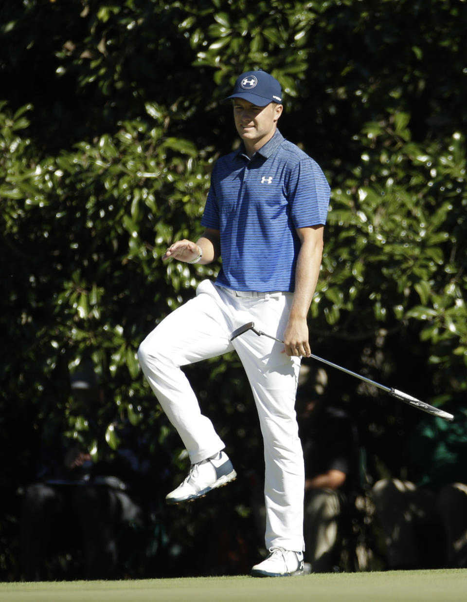 Jordan Spieth reacts to his putt on the 11th hole during the third round of the Masters golf tournament Saturday, April 8, 2017, in Augusta, Ga. (AP Photo/Charlie Riedel)